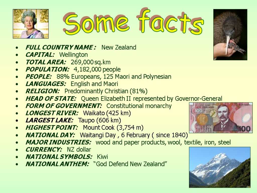 FULL COUNTRY NAME : New Zealand CAPITAL: Wellington TOTAL AREA: 269,000 sq.km POPULATION: 4,182,000